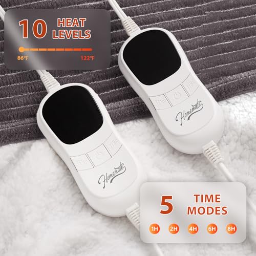 Image of Homemate Electric Heated Blanket King Size - 100 inchx90 inch Heating Blanket King Size Dual Control 1 /2 /4 /6 /8 Hours Auto-Off 10 Heat Level Over-Heat Protection Soft Flannel Sherpa ETL Certification