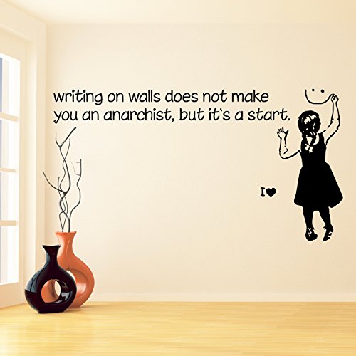 AnOL Banksy Vinilo para Pared Frase La Escritura en Paredes no te Hacen Anarquista/Niña con Cara Sonriente/Street Graffiti Pegatina + Gratis Adhesivo (200x106 cm)