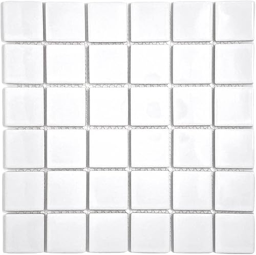 Tenedos Mosaico cuadrado de porcelana blanca de 2 pulgadas (tamaño exacto de 1-15/16 pulgadas), aspecto brillante, diseñado en Italia (12 x 12) para