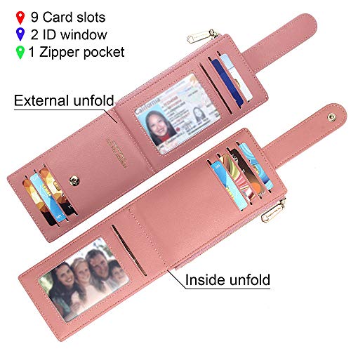 Image of Badiya Slim Women Wallet RFID Blocking Bifold Compact 9 Card Slots Holder Wallets Soft Leather with Zipper Coin Pocket 2 ID Window