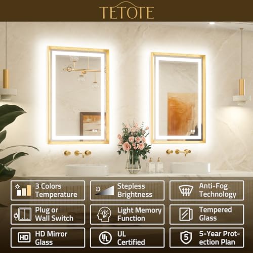 TETOTE Led Bathroom Mirror 36 x 36 with Brushed Gold Frame Anti-Fog Frontlit & Backlit Vanity Mirror Stepless Dimmable Lighted Mirrors for Bathroom Wall 3 Colors White/Warm/Natural Wall-Mounted