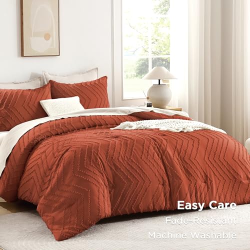Image of Andency Burnt Orange Full Comforter Sets, Boho Terracotta Soft Warm Bedding Comforter Sets for Full Bed, 3 Pieces Rust Chevron Tufted Aesthetic Microfiber Lightweight Comforter Set