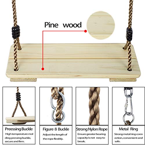 Wood Swing for Kid, KINSPORY Swing Set for Backyard, Adjustable Nylon Rope with Hanging Tree Hammock Straps Kit, Wooden Swing Seat for Indoor Outdoor Porch Patio Garden Playgroud Swing Set Accessories