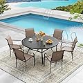 DIFY 7 Pieces Outdoor Patio Dining Set for 6, 50" Black Round Metal Dining Table and 6 Brown Stackable Sling Dining Chairs, Outdoor Table and Chairs for Lawn Garden Backyard Deck