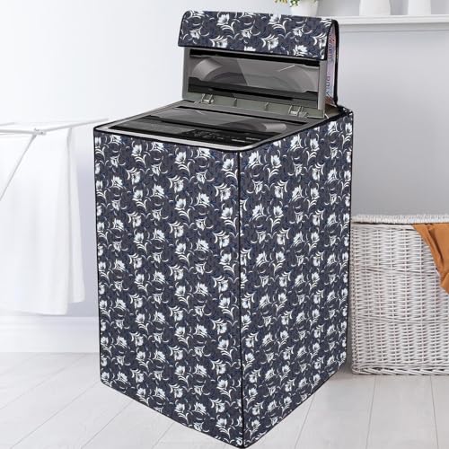 Image of Top Load Washing Machine Cover Suitable For IFB 9Kg,10Kg,11Kg &12Kg (Large Size)- Waterproof & Dustproof- White Flower & Leaves on Grey(65X66X100 Cms)