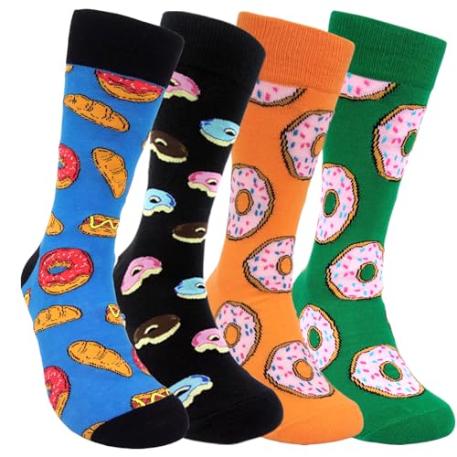 Sockaholic Crazy Food Socks Funny Sock for Men Women Fun Gift for Foodie Novelty Dress Cotton Socks (Multicolor - 4 Pairs Donut)