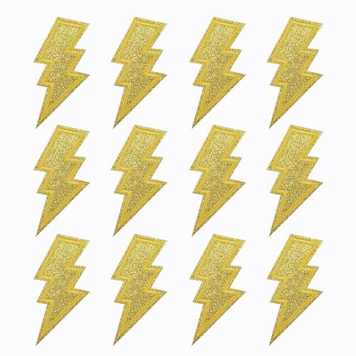 SaktopDeco 12 PCS Gold Glitter Lightning Iron On Patches Bolt Embroidered Patch for Hats Bags Jackets Clothes