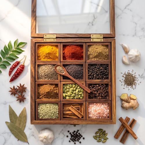Image of Wooden Spice Box for Kitchen | Sheesham Wood Masala Dabba with 12 Containers | Spice Organizer with Glass Lid, Safety Lock & Wooden Spoon | Masala Dani /Namak Dani Storage Box for Home & Kitchen