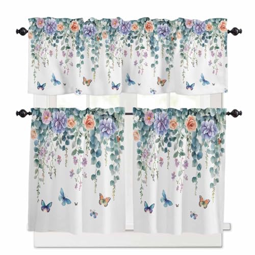 Eucalyptus Butterflies Kitchen Curtains 36 Inch Length, 3 Piece Rod Pocket Small Half Tiers and Valance Set, Spring Garden Botanical Small Large Window Treatment Decor for Bedroom/Bathroom Sink