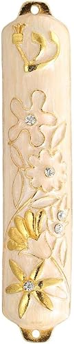 Matashi Mezuzah esmaltado blanco pintado a mano adornado con un diseño floral con cristales dorados