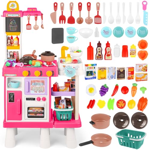deAO Cucina Giocattolo per Bambini - 54PCS Altezza Regolabile Doppio Lato Gioco di Ruolo da Cucina con Luce Suono Acqua Vapore Frigorifero Lavastoviglie e Accessori | Rosa