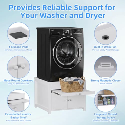 Image of Washer and Dryer Pedestal with Storage, 29 Inch, 23 Inch High | White metal stand with pull-out shelf, enclosed cabinet, drainage opening, 770 lb capacity, and required assembly.