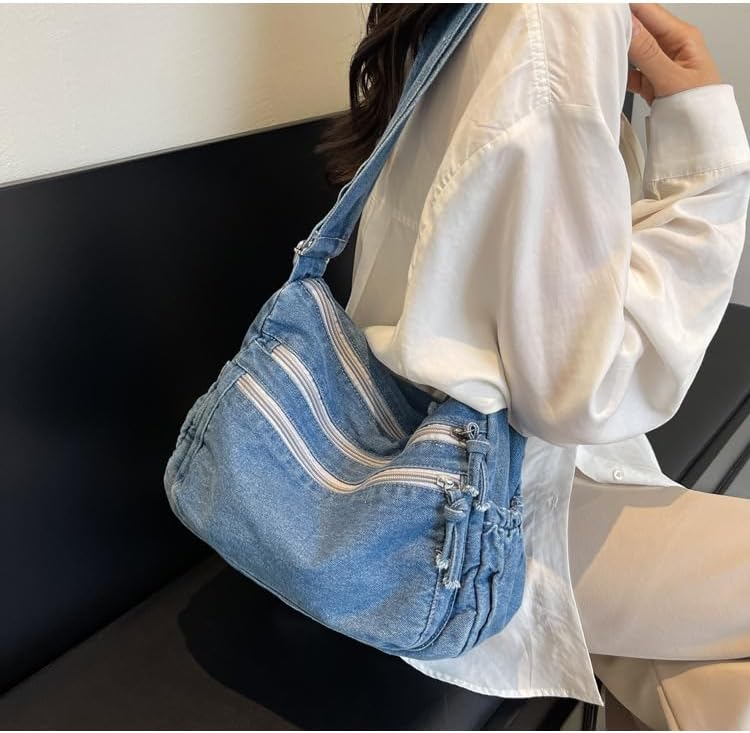 Leather Denim Purses for Women Jean Purse Denim Crossbody Shoulder Bag Tote Handbag Casual Hobo Bag - Image 2