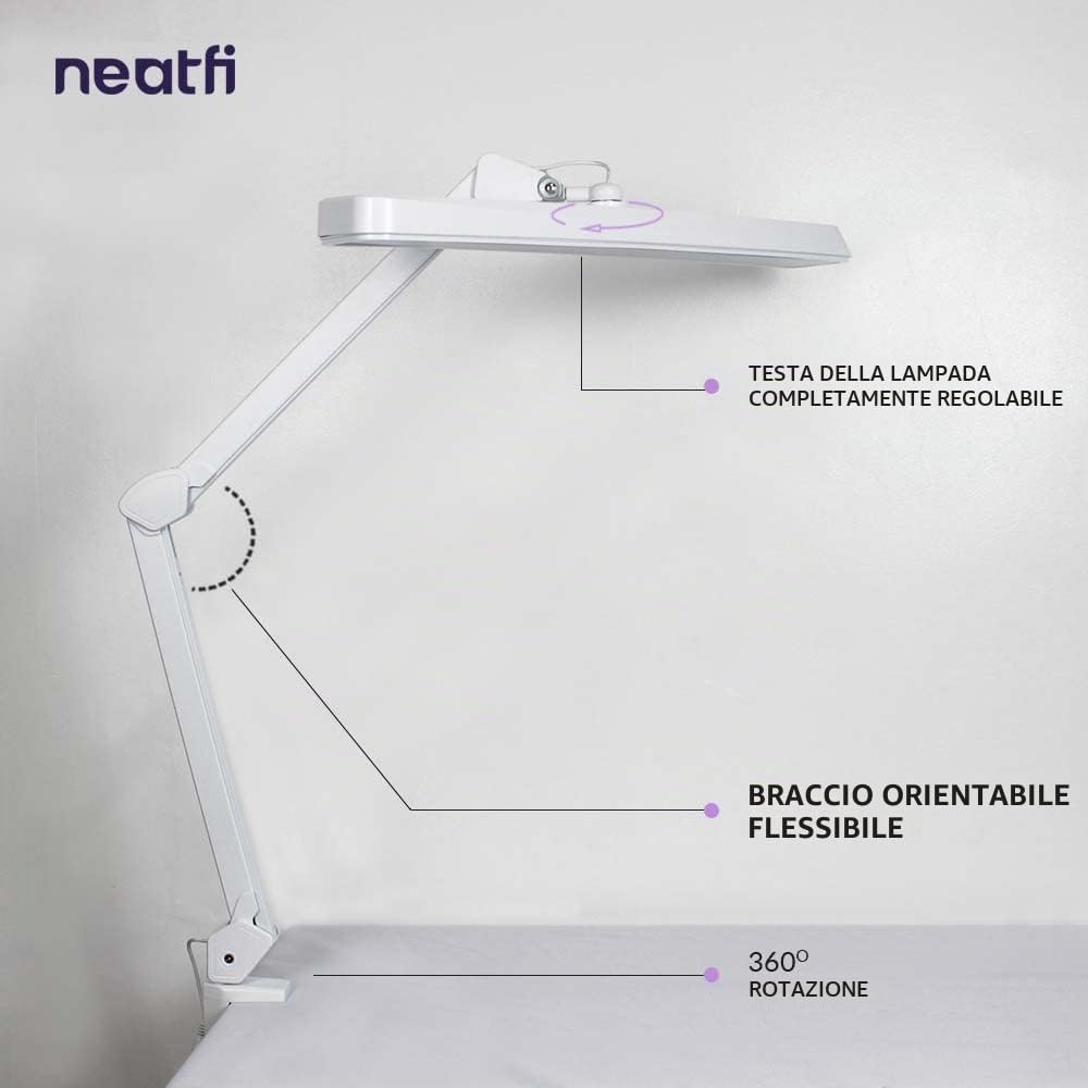 Neatfi XL Lampada da Lavoro LED per Tavolo Manicure, Hobby, Banco da Lavoro e Ufficio – Luce da Scrivania con Testa da 56 cm | 4 Livelli di Luminosità (Bianco, Non-CCT con morsetto)
