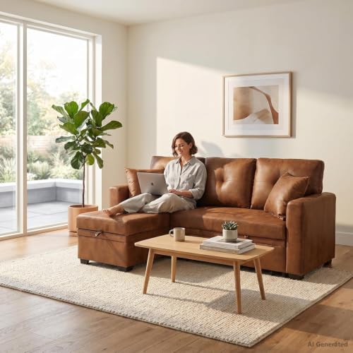 Image of 71 inch Brown Convertible Sofa Bed, L-Shaped Pull Out Couch with Storage Chaise | TYBOATLE, Sleeper Sofa Bed, Pull Out Couch Bed, Reversible Storage Chaise, Linen Fabric, Living Room, Apartment, Guest Room