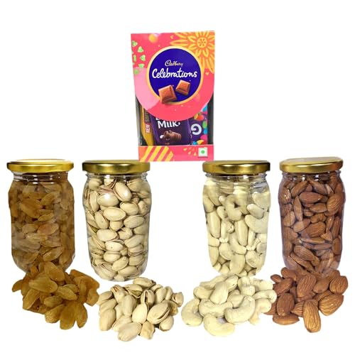 Image of NUTRI MIRACLE Raksha Bandhan Dry Fruits and Chocolate Gift Box with Jute Carry Bag | Rakhi Gift Hamper | Dry Fruits Gift