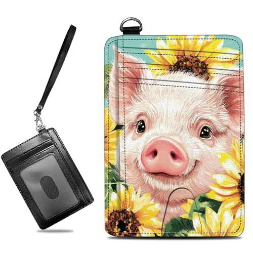 Small Travel Wallets, Pig Sunflowers Slim Minimalist Front Pocket Wallet with Wristlet, RFID Blocking PU Leather Credit Card Holder with ID Window Change Purse for Men Women