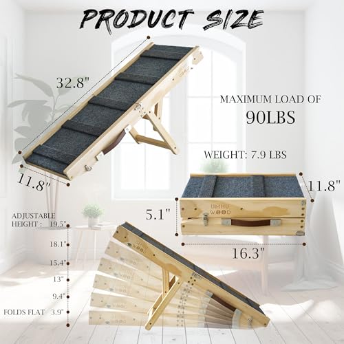 UMHUWOOD Dog Ramp for Couch, Bed, and Car – Adjustable, Portable, Foldable, Non-Slip Wooden Pet Ramp for Small, Medium, and Senior Dogs and Cats – Up to 19.5" High - Image 3