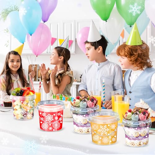 Burbell 12 Pcs 34 oz Drinks Buckets with 150 Snowflake Stickers Ice Cream Buckets with Lids and Handles Cocktail Rum Buckets Christmas Cookie Storage Buckets for Winter Holiday Party Supplies(Winter)