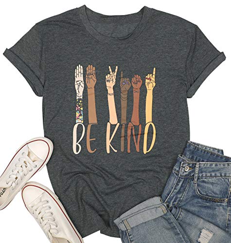 KIDDAD Be Kind Sign Language Shirt Women Inspirational Graphic Tees Casual Short Sleeve Loose Tops Grey