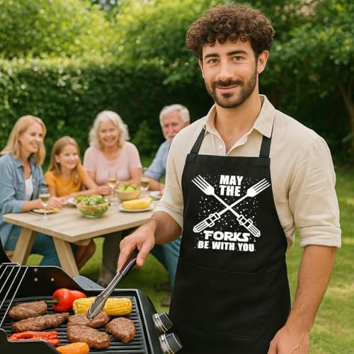 Niyorayna Funny Grill Aprons for Men,Dad,Boyfriends,Husband,Men's Chef Grilling Aprons with 2 Pockets Cooking Gifts for Birthday,Christmas,Father’s Day,BBQ Gift for Men,May The Forks Be with You by Niyorayna - Used condition - Image 6