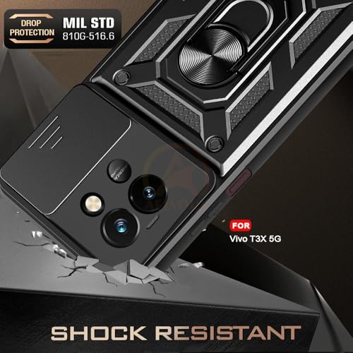 Image of Armor Bumper Back Cover Case for Vivo T3X 5G Rotating Camera Cover, Ring Holder & Kickstand | Heavy Duty & 360 Degree Protection Vivo T3X 5G Back Cover (Black)