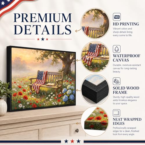 Image of American Flag Framed Canvas Wall Art, 4th of July Floral Canvas Prints, Wildflower Landscape Patriotic Decorations, Vintage Rustic Independence Day Wall Decor for Bedroom Living Room Office 11x14