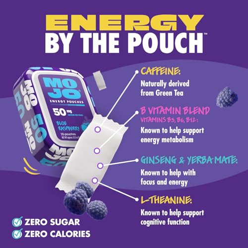 Image of MOJO Caffeine Pouches with Naturally Derived Caffeine from Green Tea, Ginseng, Yerba Mate, L-Theanine & B-Vitamins | Nicotine-Free | Zero Sugar | 50mg Caffeine | Blue Raspberry