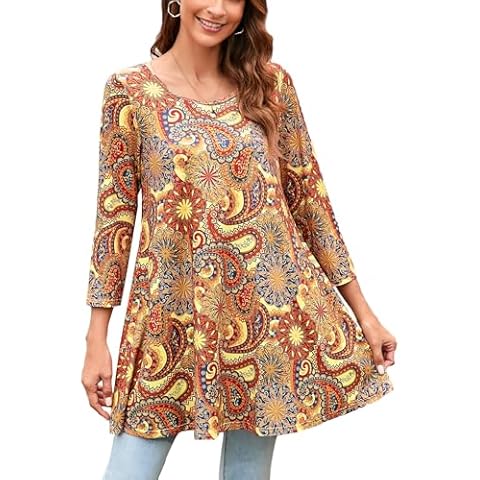 ENMAIN Womens Tunic Tops 3/4 Sleeve Plus Size Tunics to Wear with Leggings Dressy Casual Ladies Blouses Loose Fit Gold Paisley T-Shirt for Women Flowy Cover