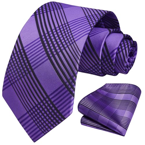 Image of HISDERN Ties for Men Formal Business Plaid Checked Mens Ties and Pocket Square Set Classic Wedding Necktie Handkerchief