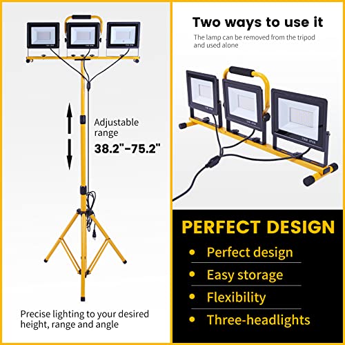 21000 Lumen Work Lights with Stand, 3 Adjustable Head LED Work Light, with 38.2\"- 75.2\" Adjustable and Foldable Tripod Stand, Waterproof Lamp with Individual Switch with 6500 Kelvin Color Temperature
