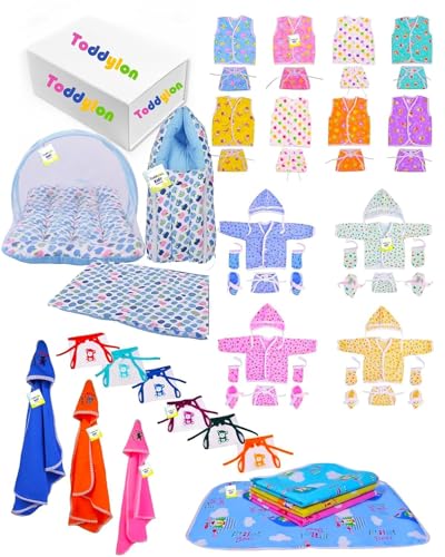 Image of Toddylon 56 in 1 New Born Baby Products All Baby Bedding Set | Baby Clothes | Gift Packs | Hospital Kit | Essentials Items | Combo | Infants Boys Girls | (0-6 Months)
