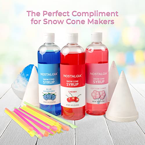 Image of Nostalgia Premium Snow Cone Syrup Party Kit, 20 Snow Cones, 20 Spoons /Straws, Blue Raspberry, Cherry, Cotton Candy