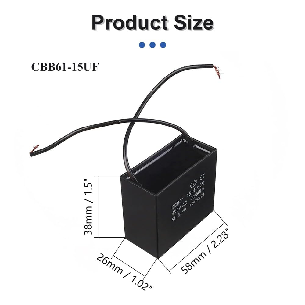 Fielect CBB61 Ceiling Fan Capacitor 15uF 450V AC 2 Wires Metallized Polypropylene Film Capacitors for Electric Fan Pump Motor Generator