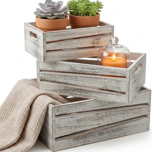 AVLA 3 Pack Wooden Storage Crates Rustic Nesting Container Bin with Handles Decorative Farmhouse Wood Basket Vintage Wood Box Display Risers for Home Kitchen Pantry Cabinet Shelf Counter