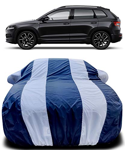 Image of PURPLEHEART Car Body Cover Compatible with Skoda Karoq Car Cover Body with Mirror Pocket Triple Stitched Bottom Elastic Water Resistant UV Protection & Dustproof Car Cover-Blue & White