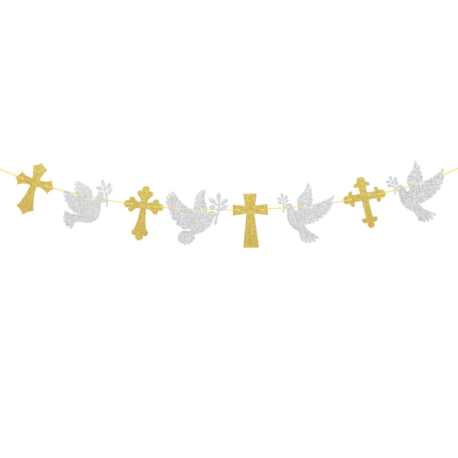 BLMHTWO Cross and Dove Garland Banner, Gold Silver Glitter God Bless Bautizo Baptism Decorations Banner Christening Party Supplies for Boys Girls First Holy Communion Baby Shower Wedding