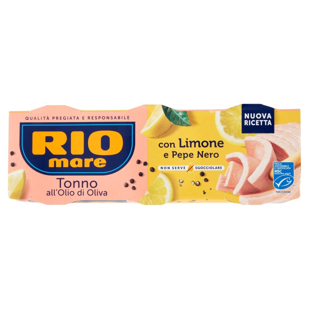 Rio Mare Tonno all’Olio di Oliva con Limone e Pepe Nero Thunfisch in Olivenöl mit Zitrone und schwarzem Pfeffer 12x195gr Packung mit 3 65g-Dosen+ Italian Gourmet polpa 400g