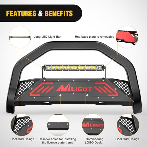 Image of Nilight Bull Bar with Light fits 2003-2008 Honda Pilot, 2006-2015 Honda Ridgeline, 2001-2006 Acura MDX Front Bumper Grille Brush Push Guard with Skid Plate Licence Plate Hole Black