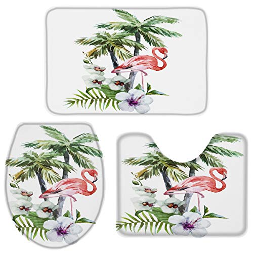 3 Pieces Bath Rug Set Toilet Seat Cover Flamingo Flowers Palm Tree Print Contour Rug, Pedestal Mat and Toilet Lid Cover?Non-Slip Bathroom Floor Mat L