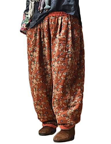 NFYM Women Winter Pants Comfy Warm Thick Vintage Floral Printed Loose Wide Leg Pants Elastic Waist Hippie Trouser