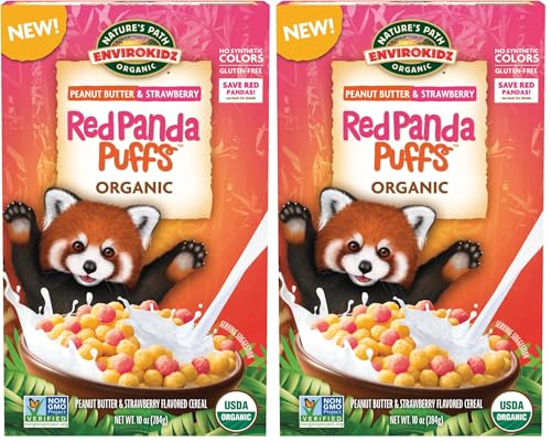 EnviroKidz Organic Red Panda Puffs Cereal, 10 oz (Pack of 2), Peanut Butter & Strawberry, Gluten Free, Non-GMO, by Nature's Path