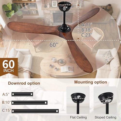 Image of Ceiling Fan with Light and Remote Modern Outdoor Ceiling Fans with Lights for Indoor Bedroom Living Room Patios Gazebo Wood 3 Blade Propeller High CFM Wet Rated Exterior Fan Dark Walnut 60 Inch
