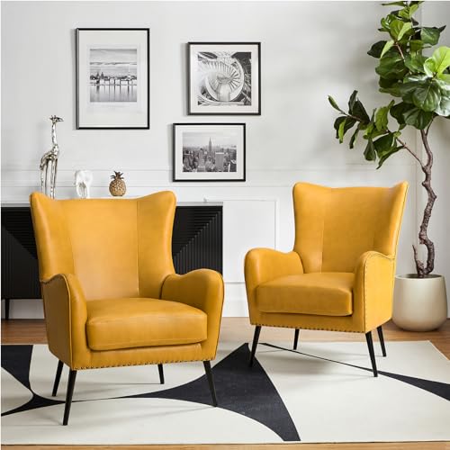 Hulalahomefauxleatheraccentchairsetof2wremovablecushioncomfyupholsteredarmchairwithmetallegsnailheadtrimwingbackvanitychairdeskchairforreadinglivingroombedroomyellow Urban Country Home Decor Hulala home faux leather accent chair set of 2 wremovable cushion comfy upholstered armchair with metal legs nailhead trim wingback vanity chair desk chair for reading living room bedroom yellow urban country home decor