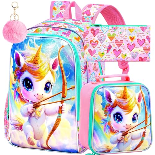 Image of 3Pcs Unicorn Backpack for Girls, 16 inch School Cupid Bookbag Set with Lunch Box，Kids Backpacks for Elementary Preschool Kindergarten (Pink)
