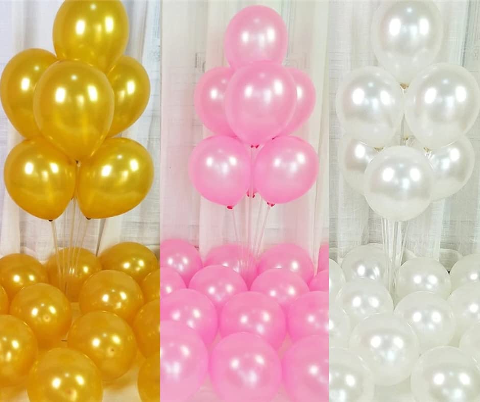 Flyloons Golden Pink White Balloons Pack of 200 for birthday decoration items also suitable for Anniversary, Wedding, Celebration, Party