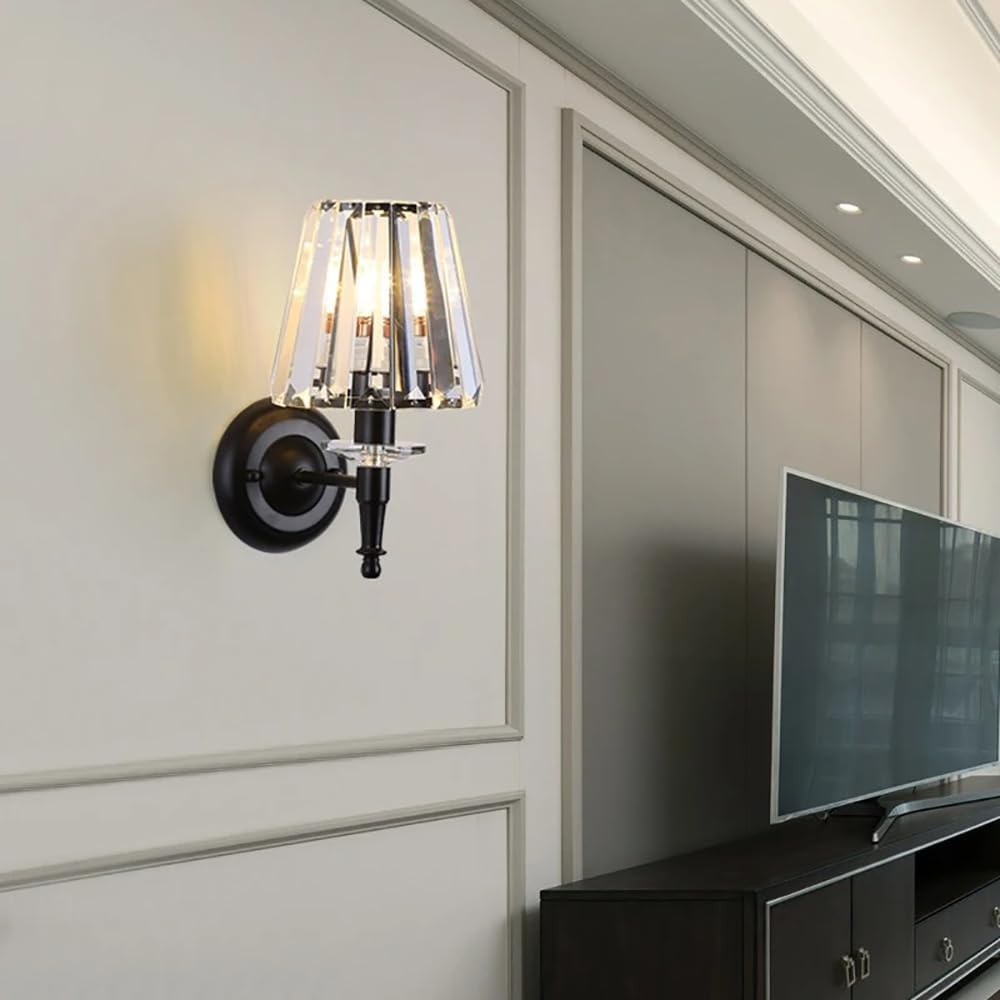 13 inch Crystal Wall Lamp Sconce, Luxury Modern Bathroom Vanity Mirror Light Wall Light Fixture for Bedroom Living Room Dining Room Wall Flush Mount Indoor Lighting, Black Included Bulb