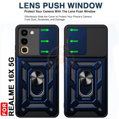 Image of Armor Bumper Back Cover Case for Realme 16X 5G Rotating Camera Cover, Ring Holder & Kickstand | Heavy Duty & 360 Degree Protection Back Cover for Realme 16X 5G (Blue)