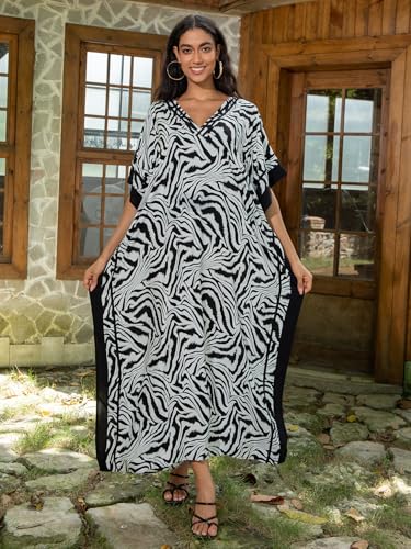 Image of KECVOT Kaftan Dresses for Women V-Neck Print Swimsuit Cover Up Plus Size Beach Caftan Lounge Dress