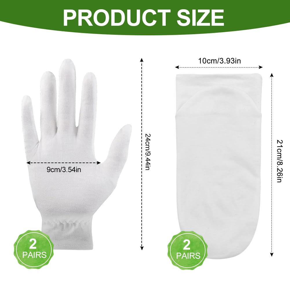 Guanti in Cotone Bianchi e Ccalzini Idratanti per Piedi Set, Riutilizzabili 2 paia Guanti in Cotone Bianco e 2 paia Calze Idratanti in Cotone per le Donne Eczema Mani Secche Cura Della Pelle e del Spa